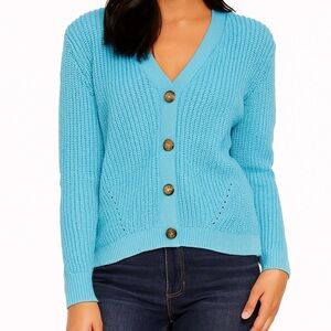 Loft Light Blue Button Down Knit Cardigan Sweater Women’s Size Large Soft Casual